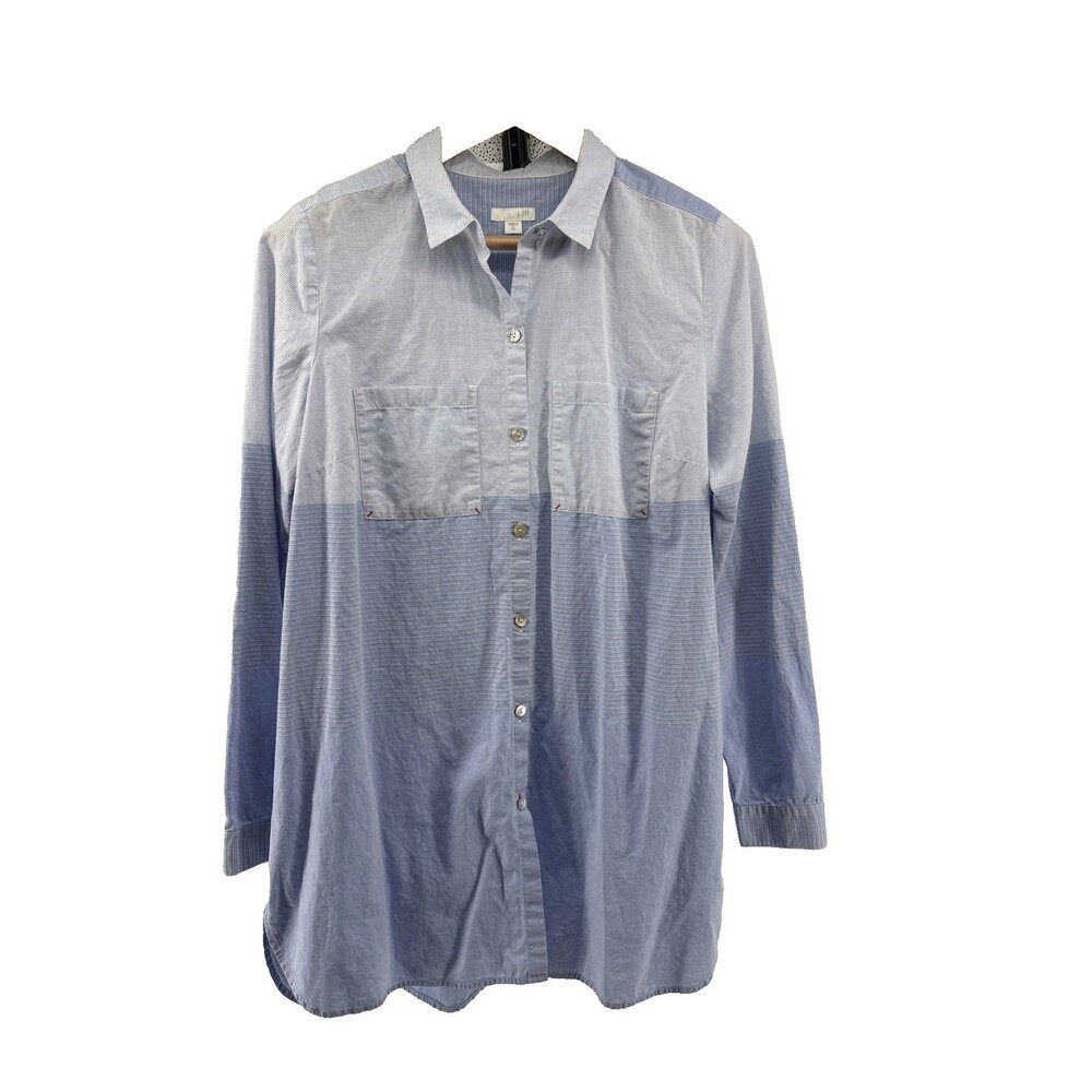 J Jill Tunic Top Blouse Blue White Stripe Long Sleeve Button MedTALL 100% cotton